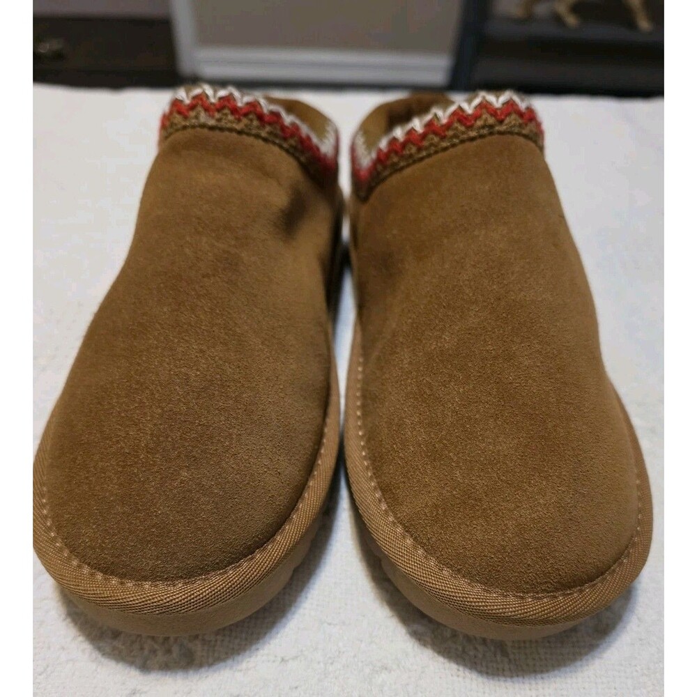 Cushionaire Women's Suede Slippers Chestnut Brown Faux Fur Lined Mules Size 9.5M